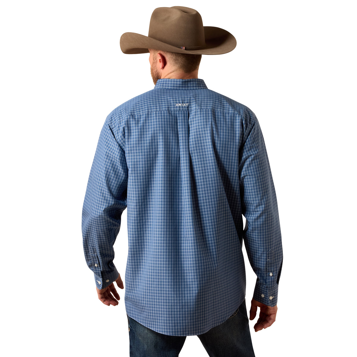 Man wearing a blue checkered shirt and brown cowboy hat on a white background