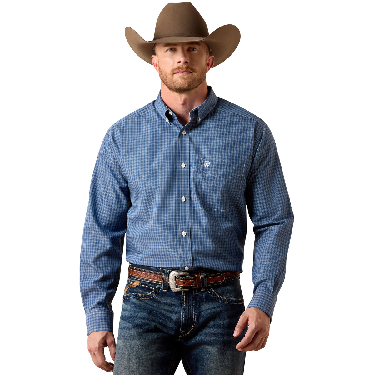 Man wearing a blue checkered shirt, brown cowboy hat, and jeans on a white background