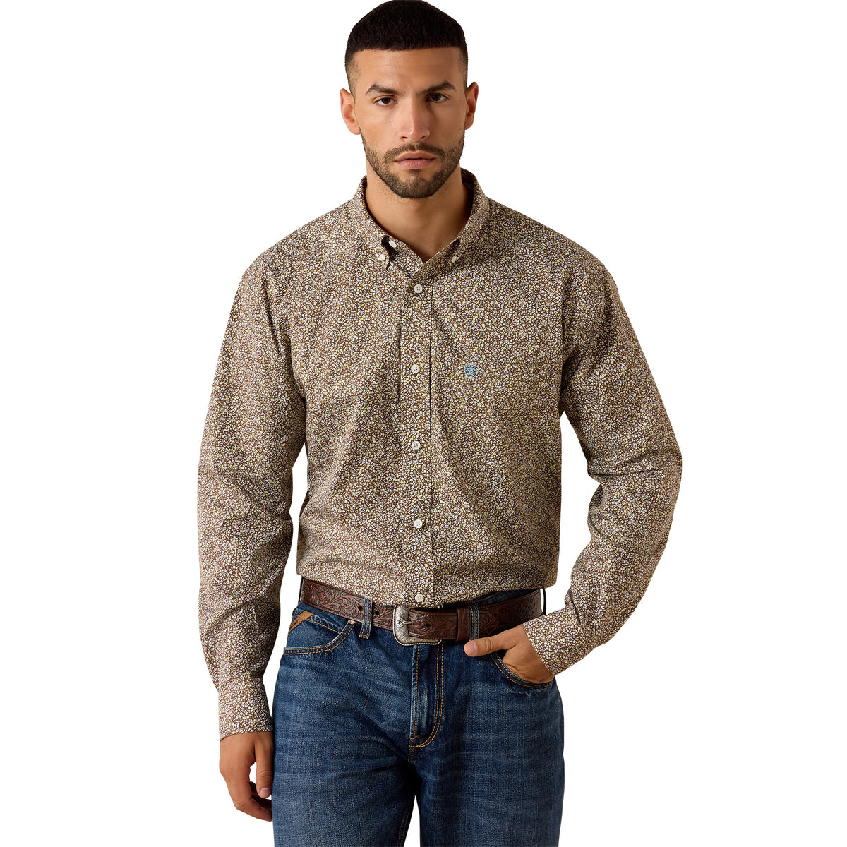 A man wearing a long-sleeve western-style button-down shirt with a dense micro-pattern in beige, brown, and black, paired with blue jeans and a brown belt, photographed against a solid white background.