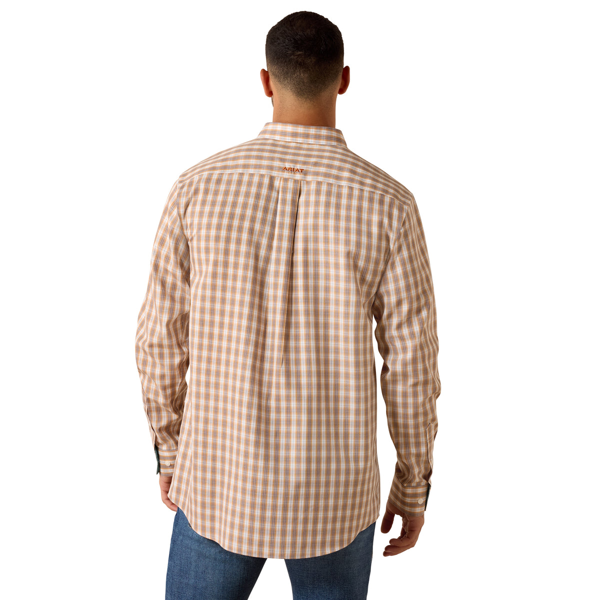 Man wearing a brown checkered shirt with Columbia logo on a white background