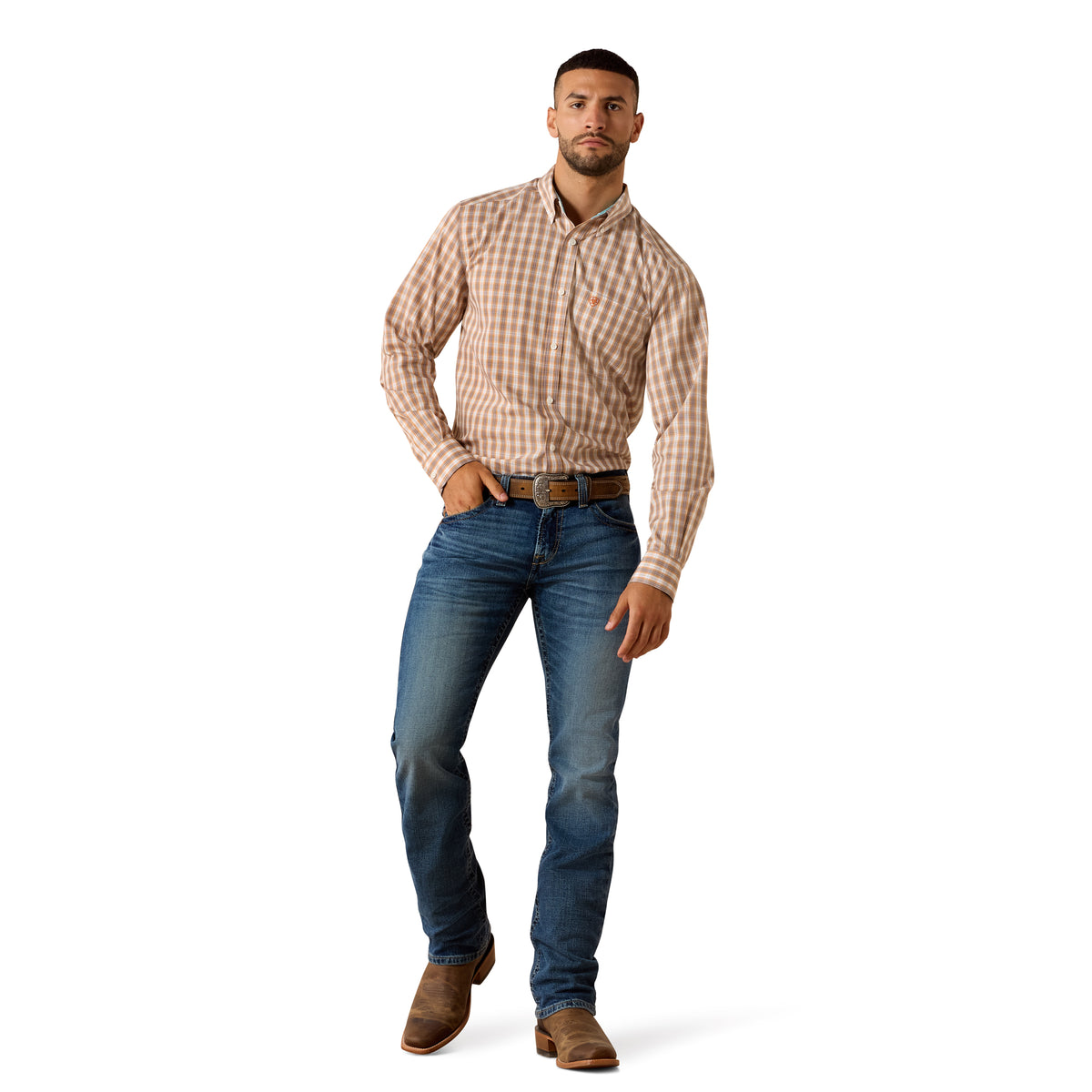 Man wearing a plaid shirt, jeans, and brown shoes on a white background