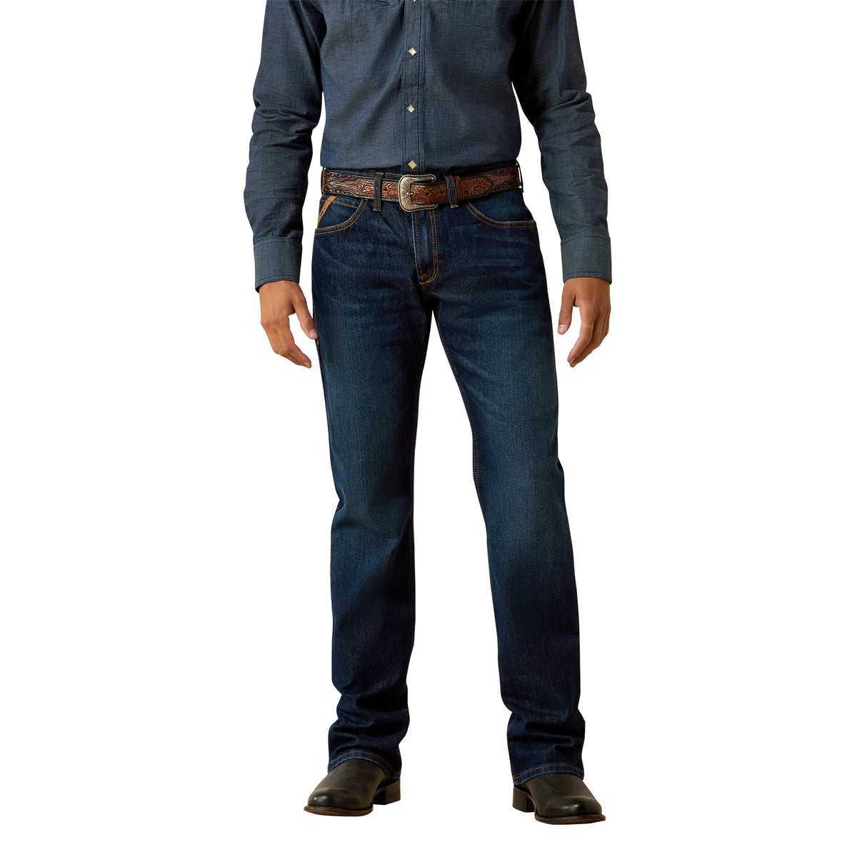 Person wearing a blue denim shirt and jeans on a white background