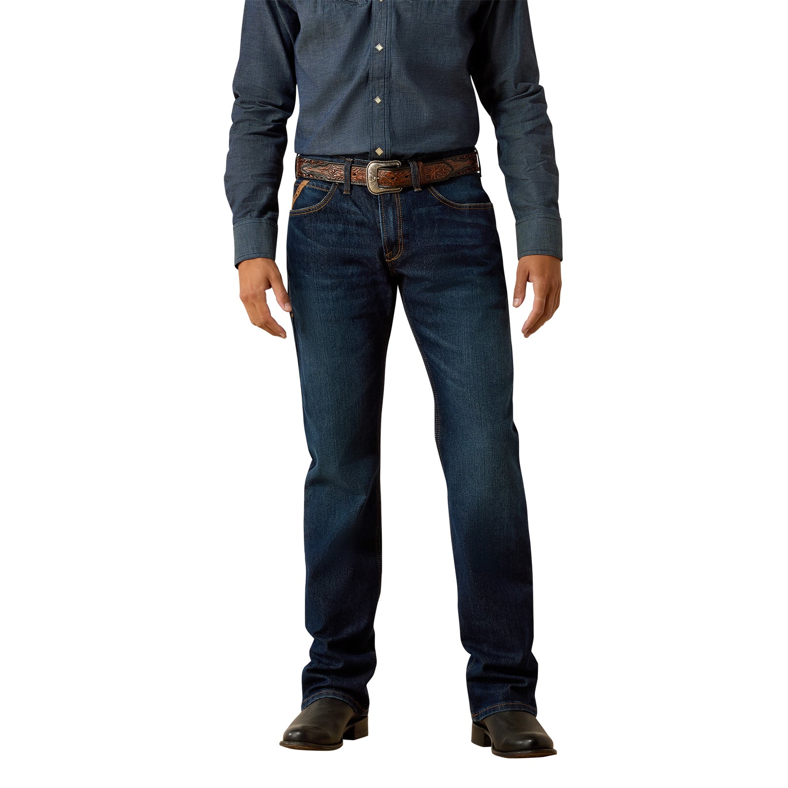 Person wearing a blue denim shirt and jeans on a white background