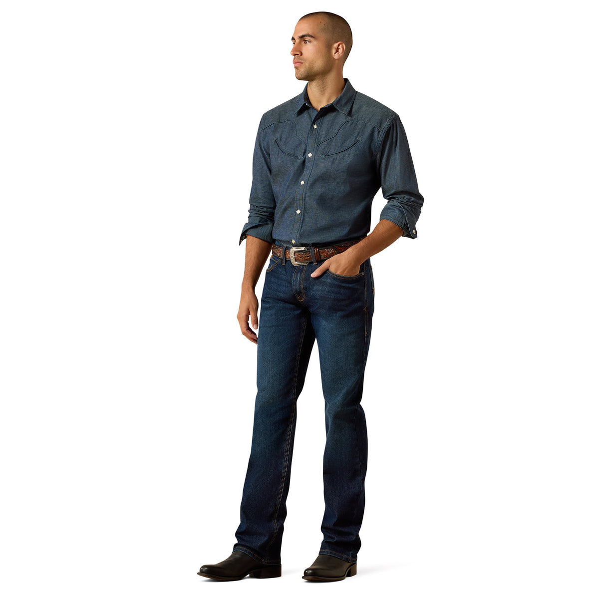 Man wearing a blue shirt and jeans on a white background
