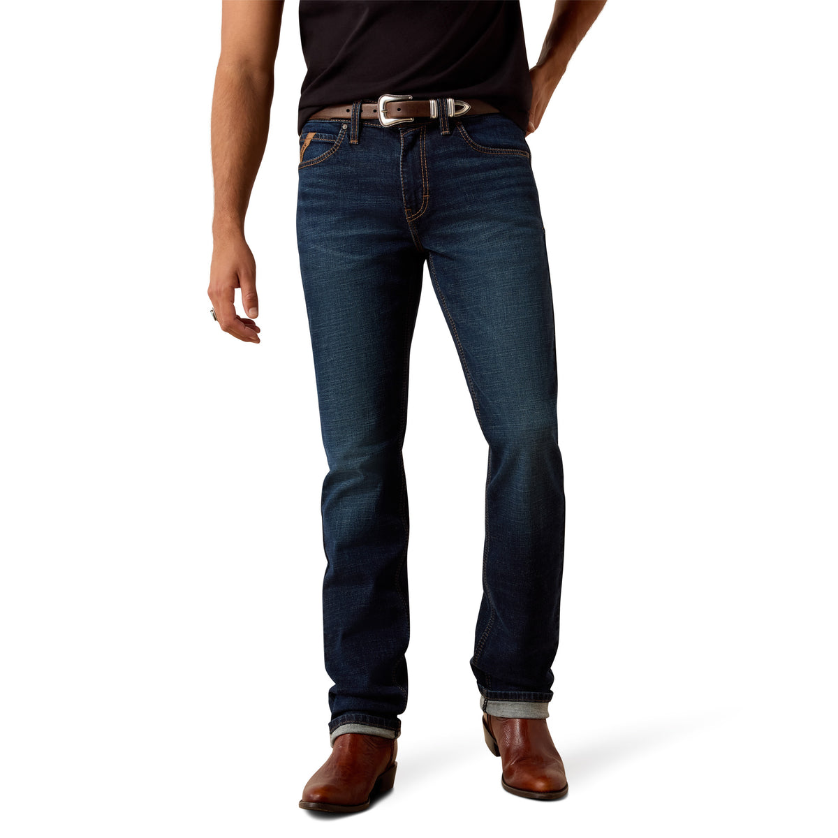 Person wearing dark blue jeans on a white background