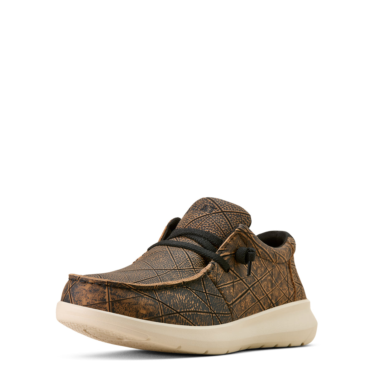Brown textured sneaker with black laces on a white background