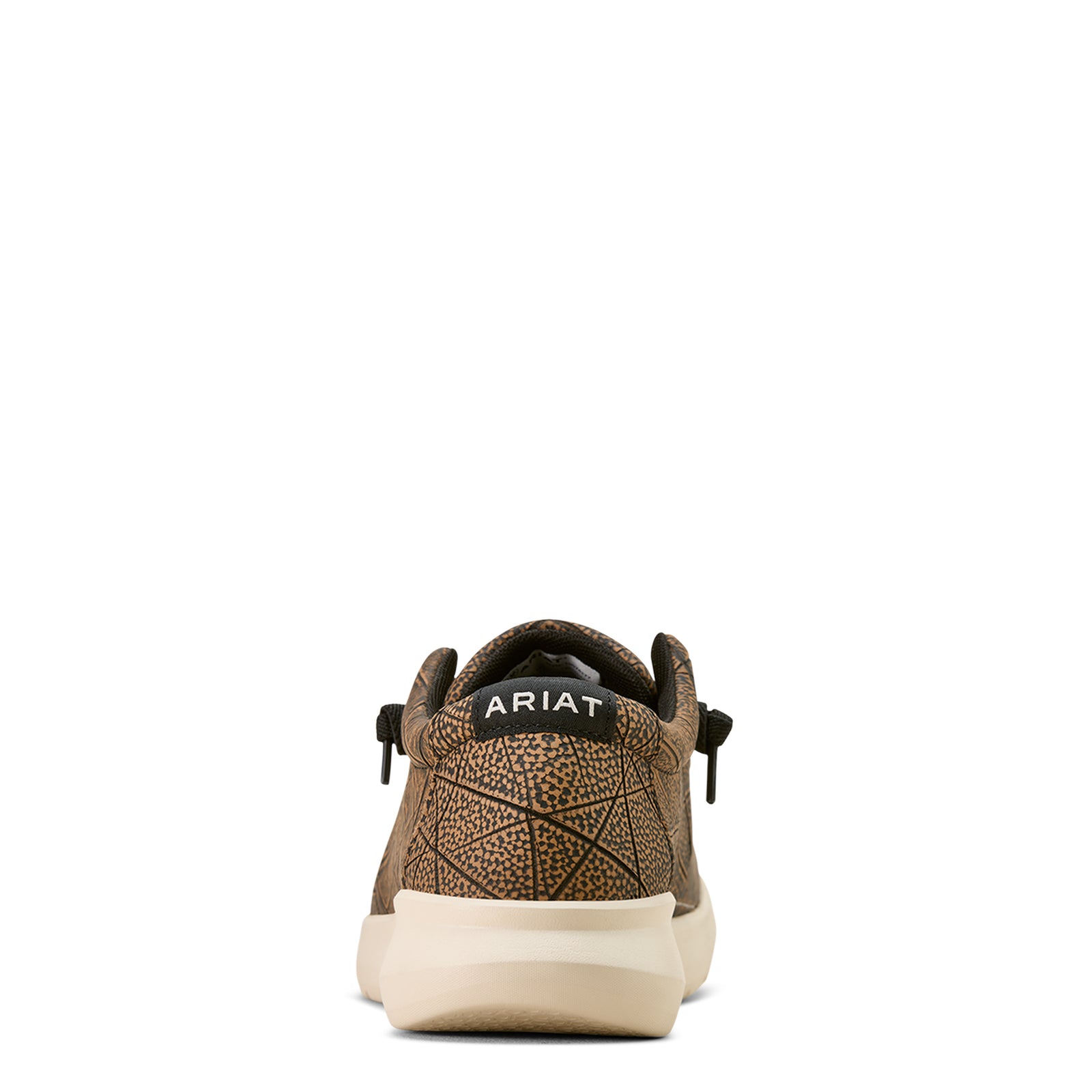 Brown sneaker with 'Ariat' branding on a white background