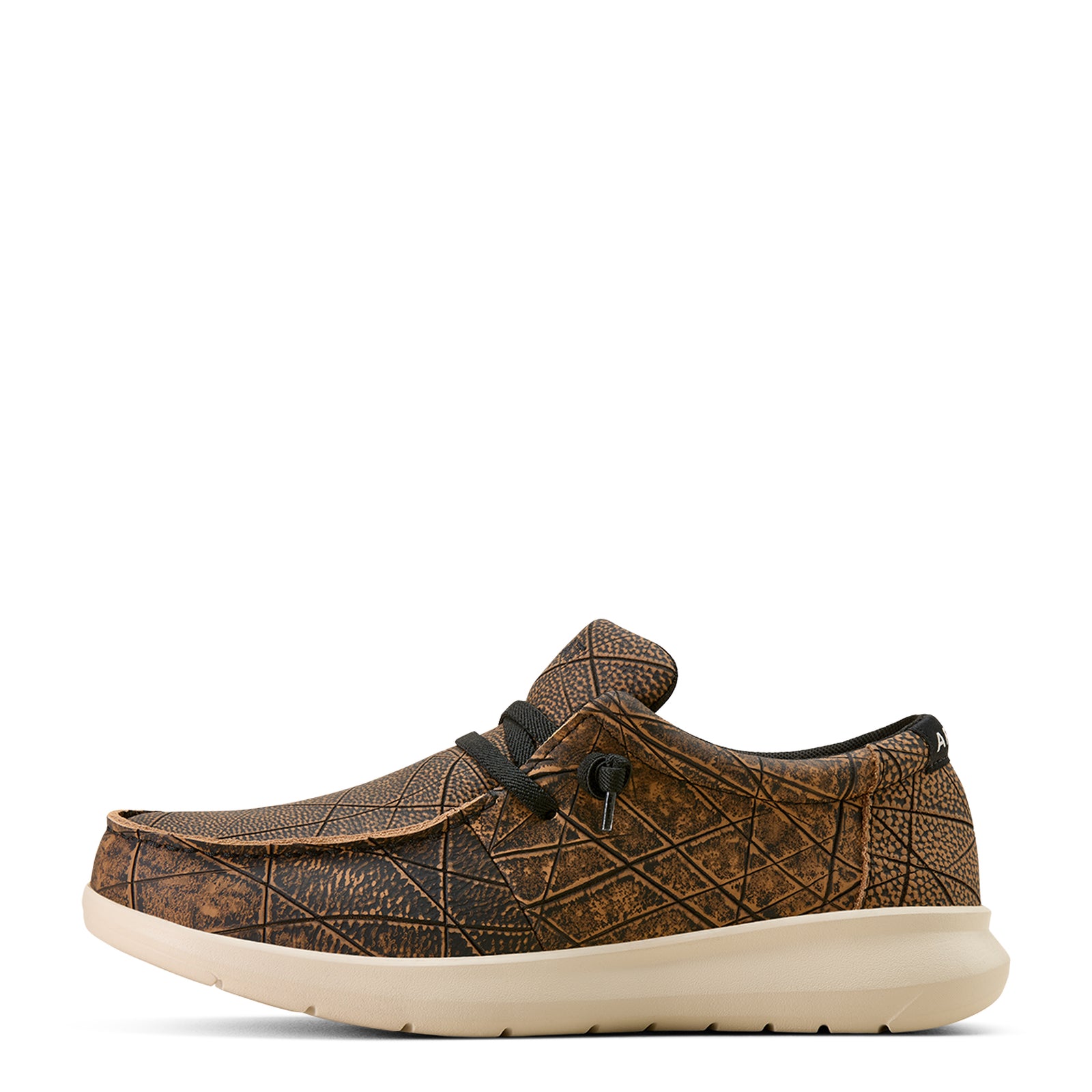 Brown leather shoe with embossed pattern on a white background