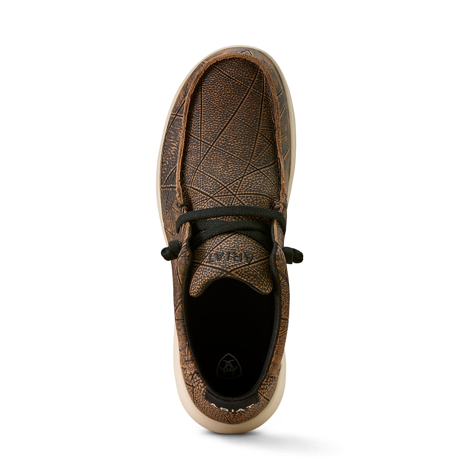 Brown leather shoe with black laces on a white background