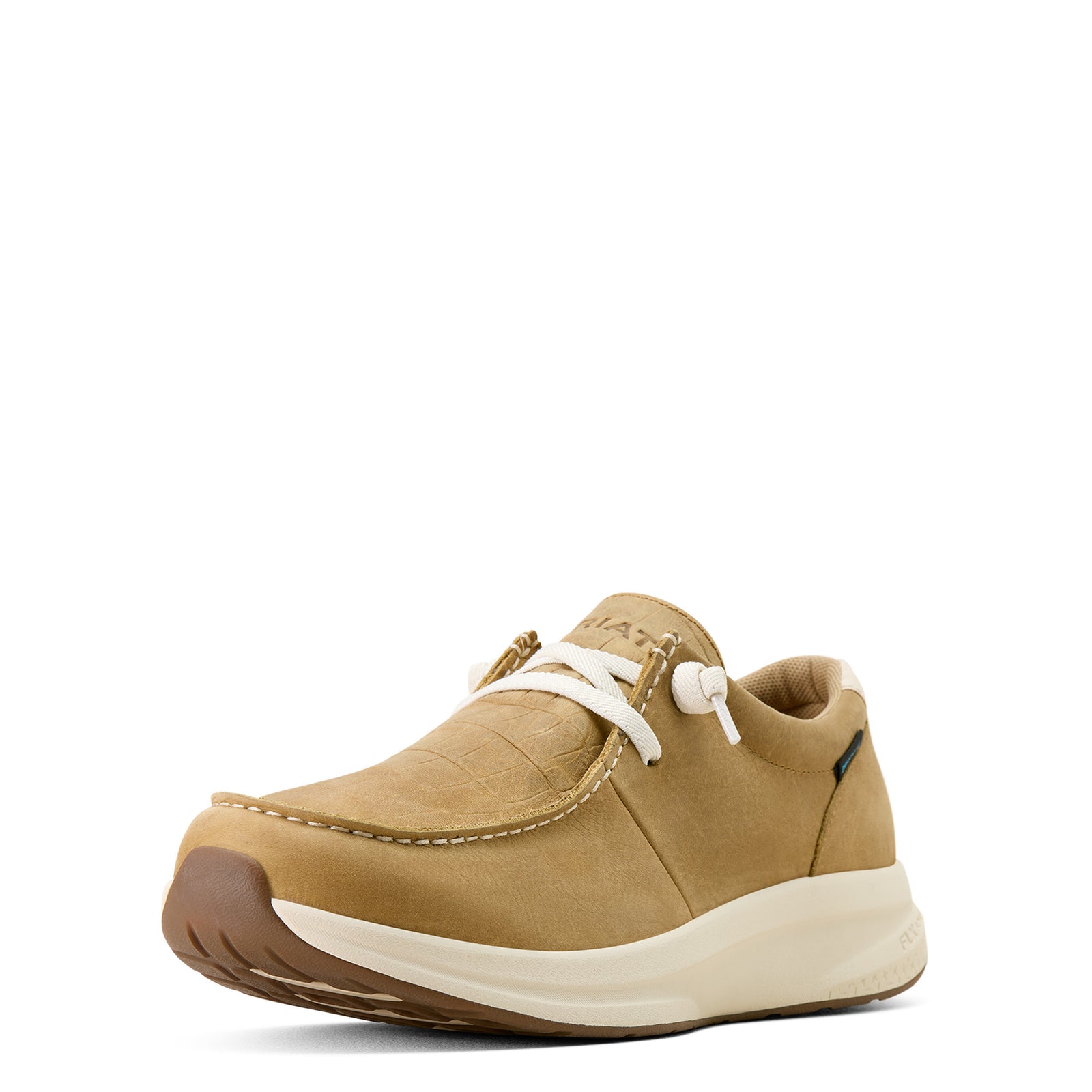 Tan shoe with white sole on a white background