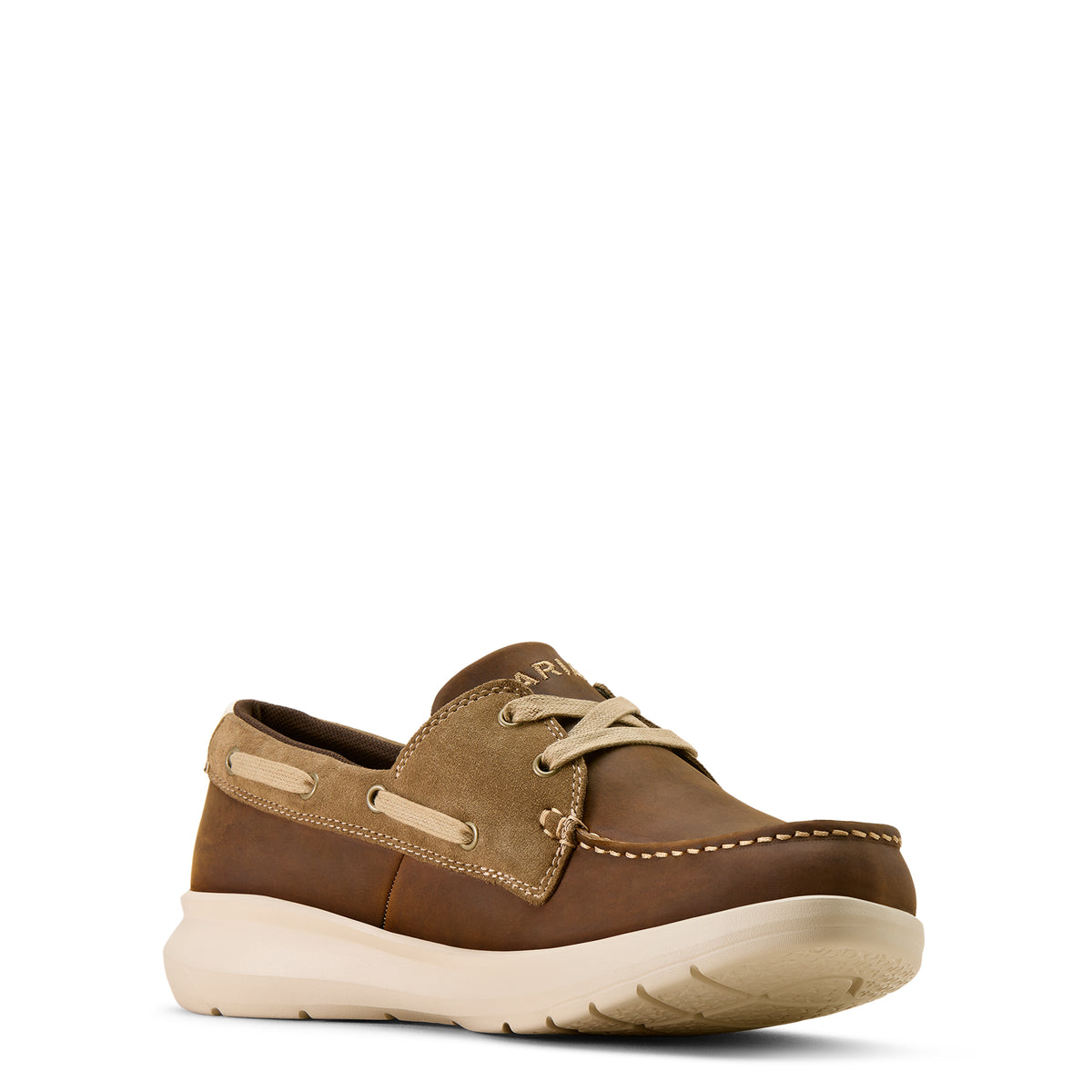 Brown leather boat shoe on a white background