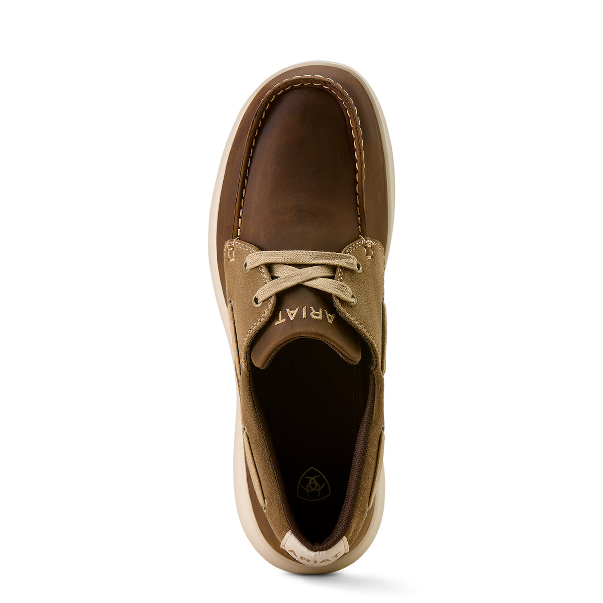 Brown leather boat shoe on a white background