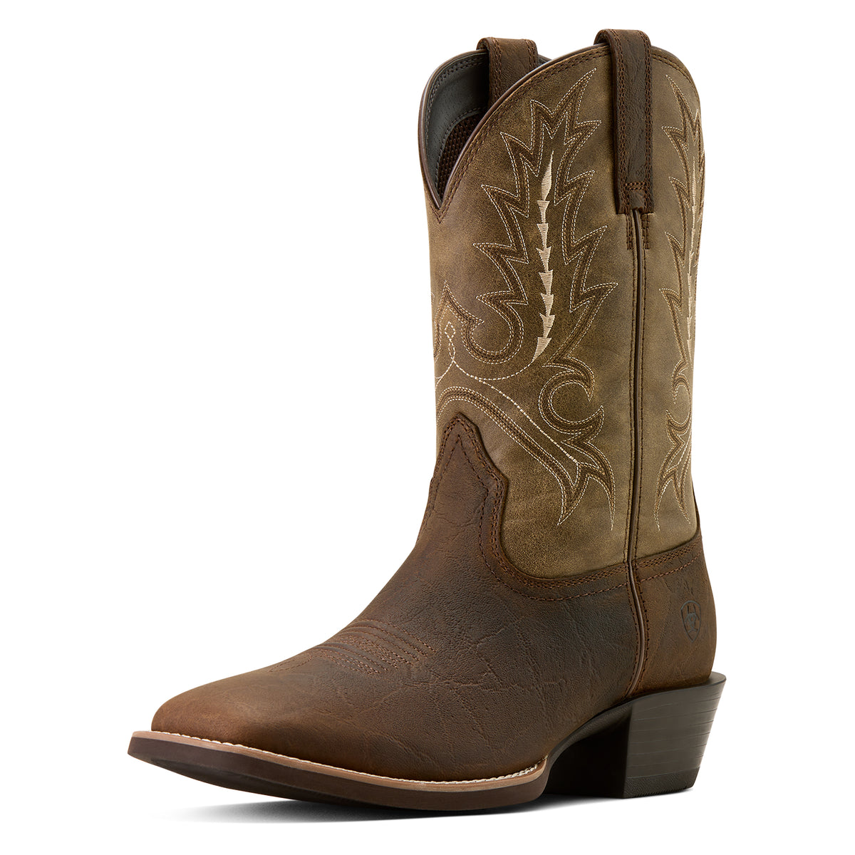 Brown cowboy boot with intricate stitching on a white background