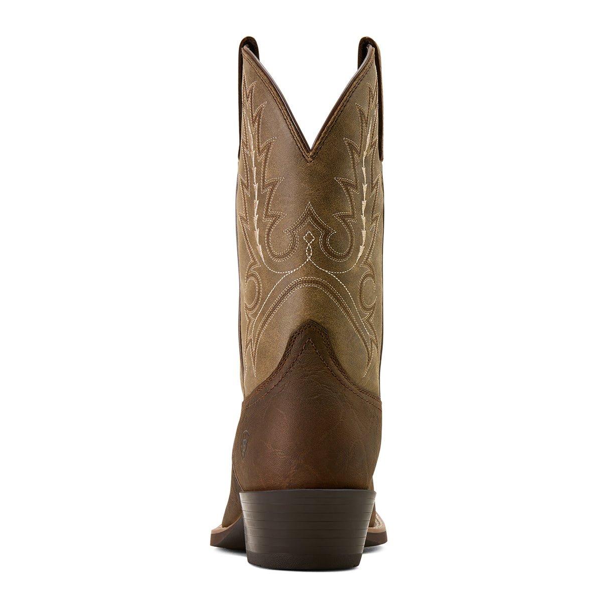 Brown cowboy boot with intricate stitching on a white background