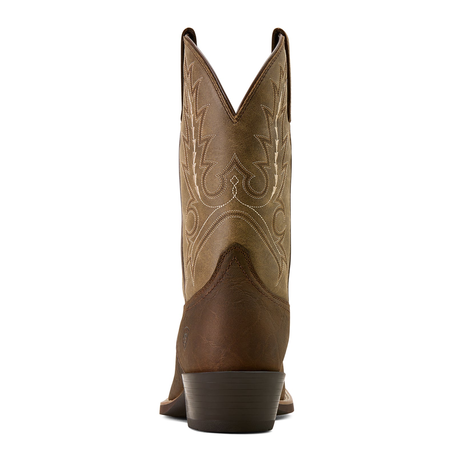 Brown cowboy boot with intricate stitching on a white background