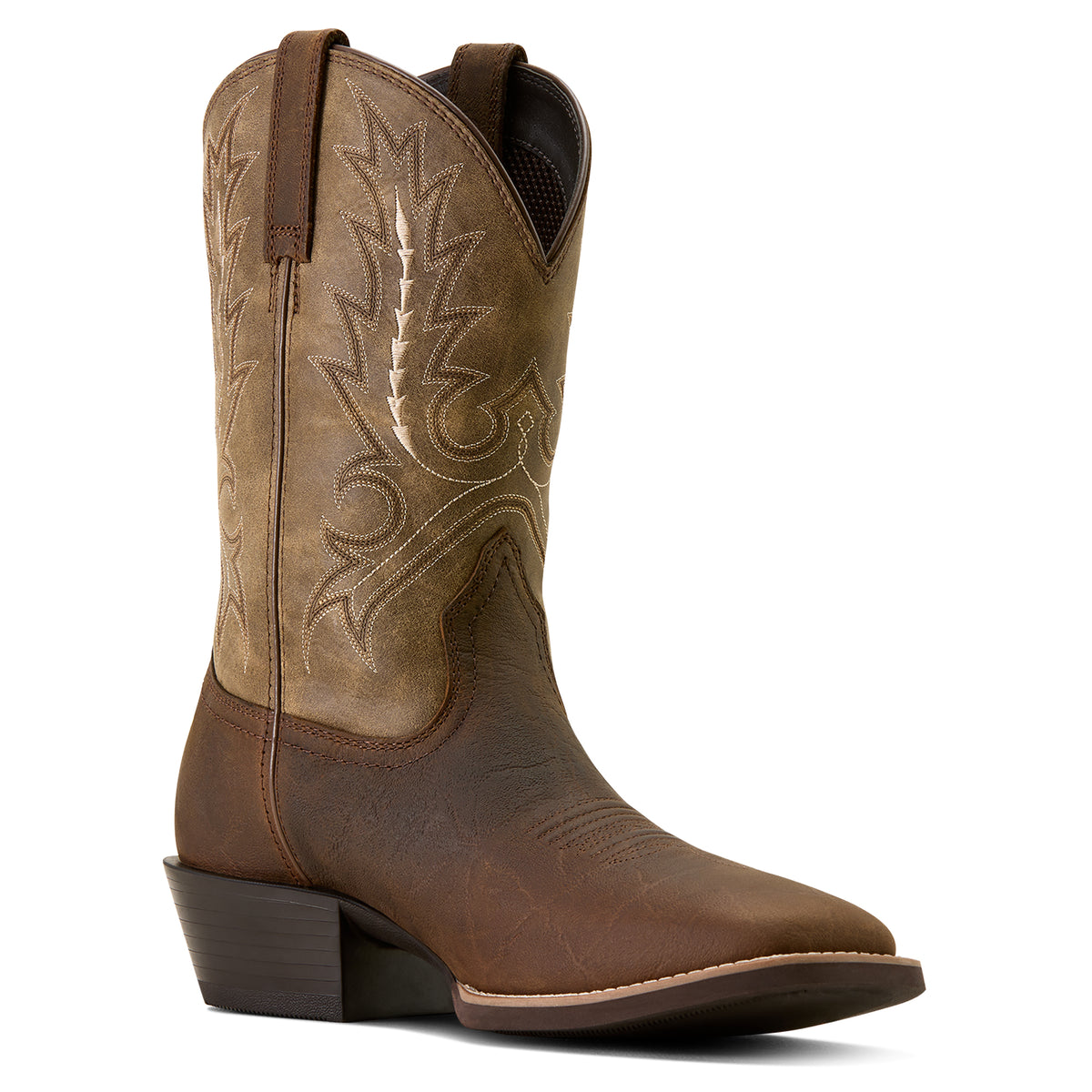 Brown cowboy boot with intricate stitching on a white background