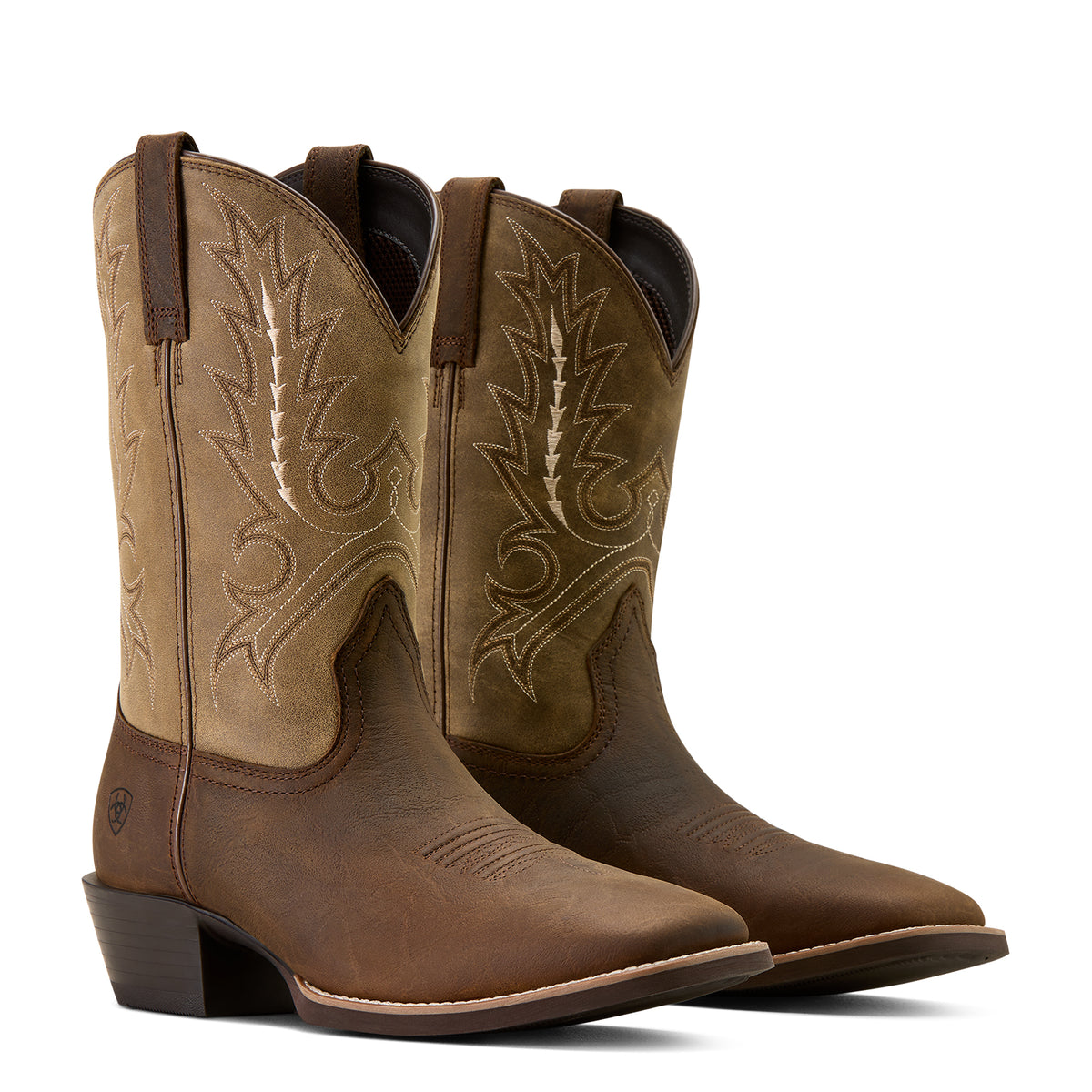 Pair of brown cowboy boots with intricate stitching on a white background