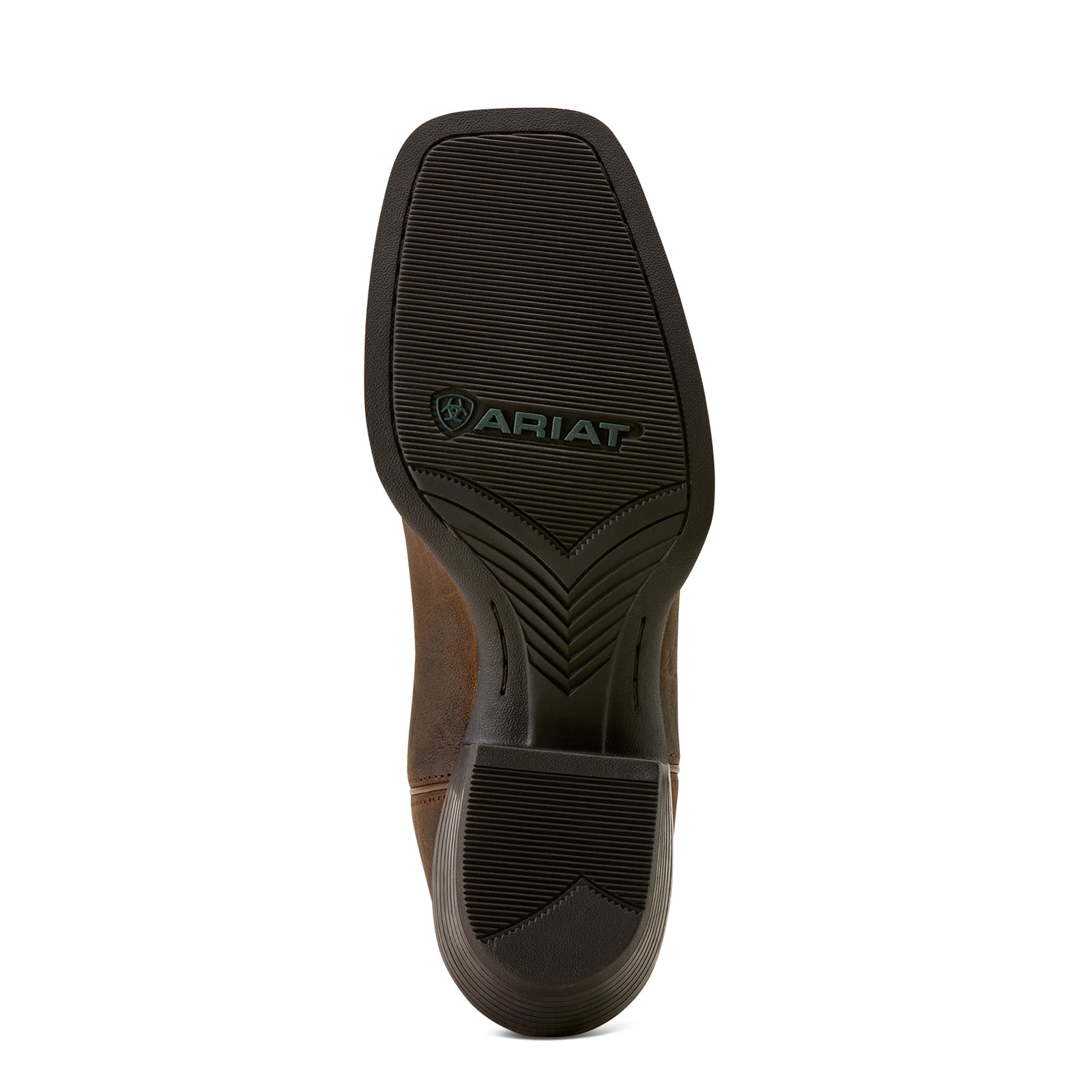 Close-up of a boot sole with Ariat logo on a white background