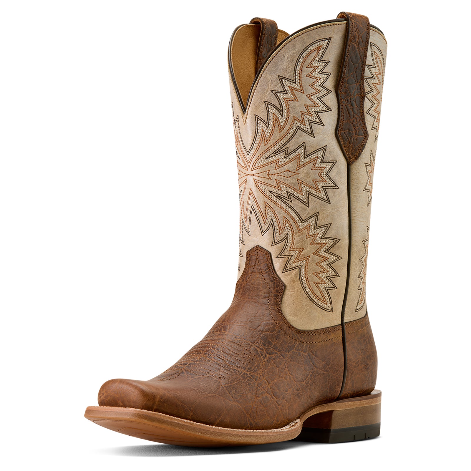 Brown cowboy boot with intricate white and brown pattern on a white background