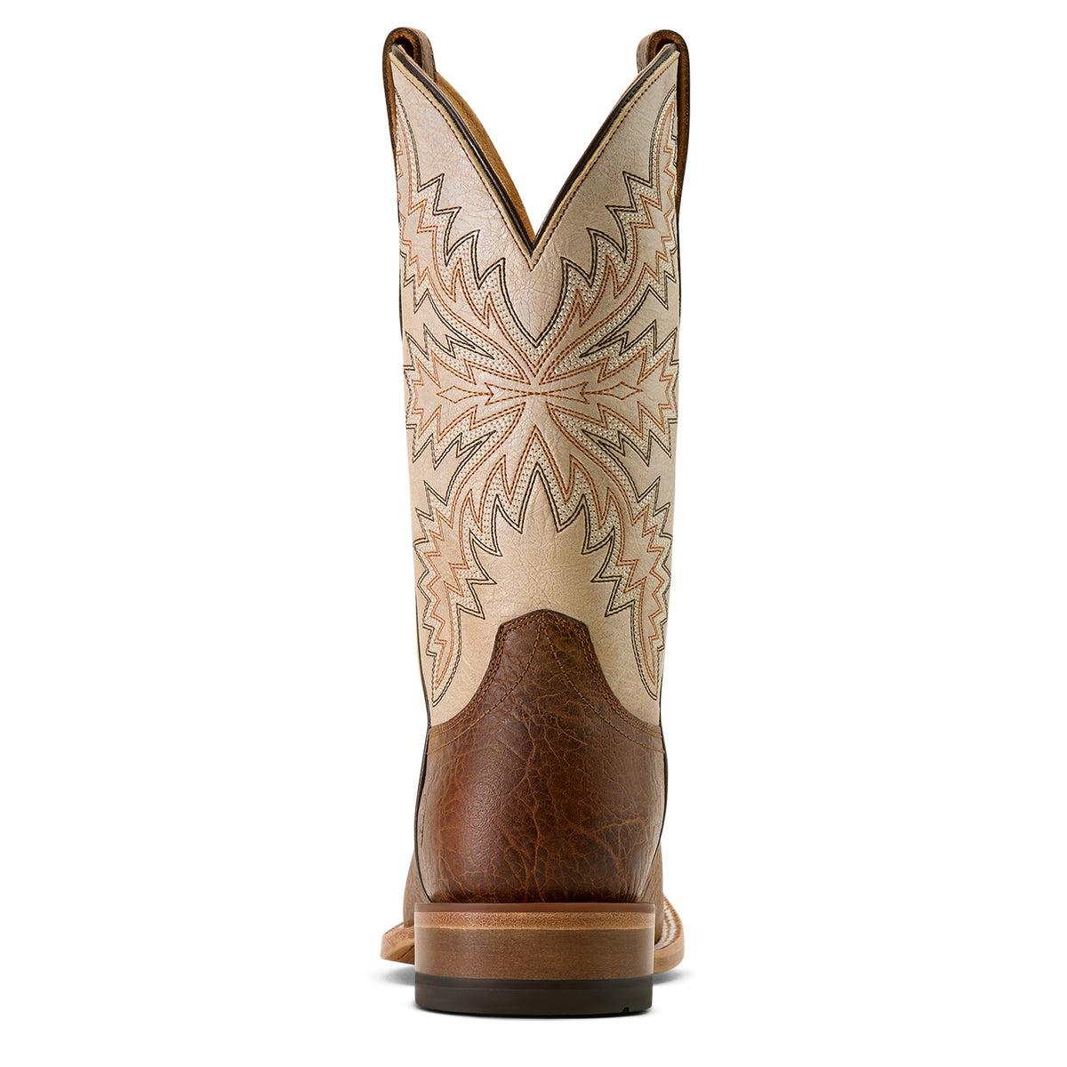 Brown and beige cowboy boot with intricate stitching on a white background