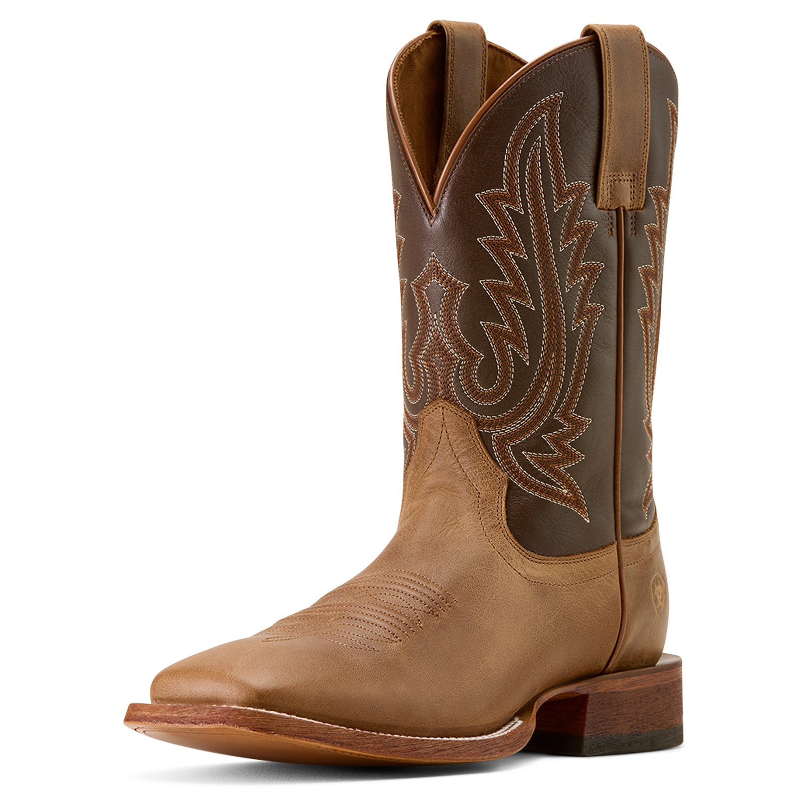 Brown cowboy boot with intricate stitching on a white background
