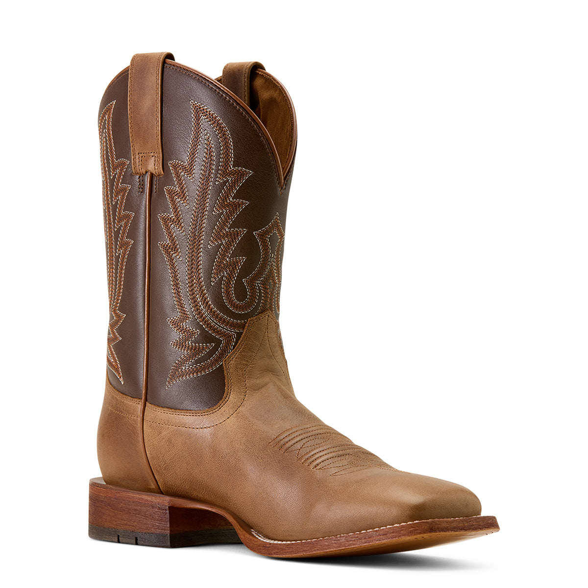 Brown cowboy boot with intricate stitching on a white background