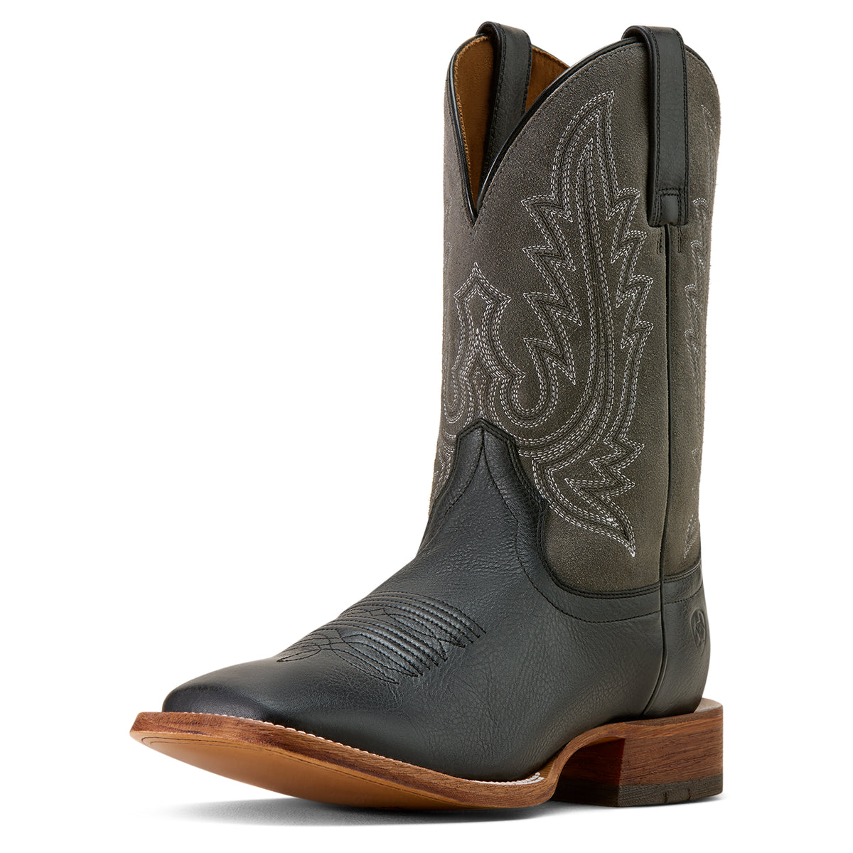 Gray cowboy boot with brown sole on a white background