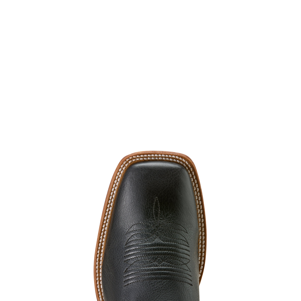 Close-up of a black leather boot with brown stitching on a white background
