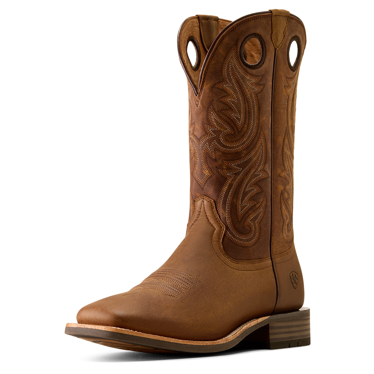 A single brown leather cowboy boot with decorative stitched detailing on the shaft, a square toe, and pull holes near the top, shown on a plain white background.