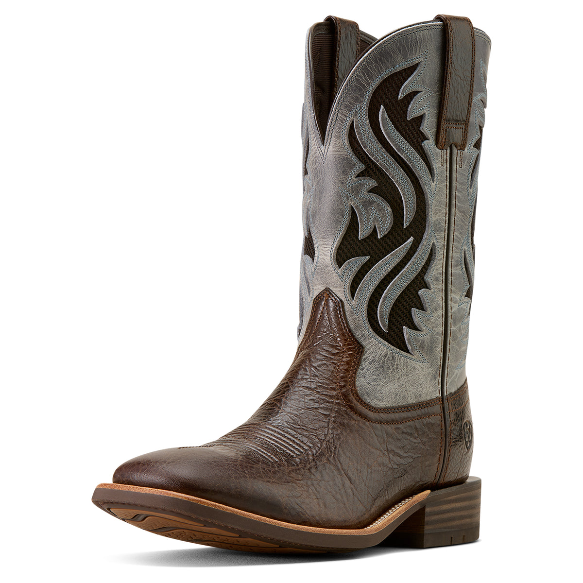 Brown cowboy boot with intricate design on a white background
