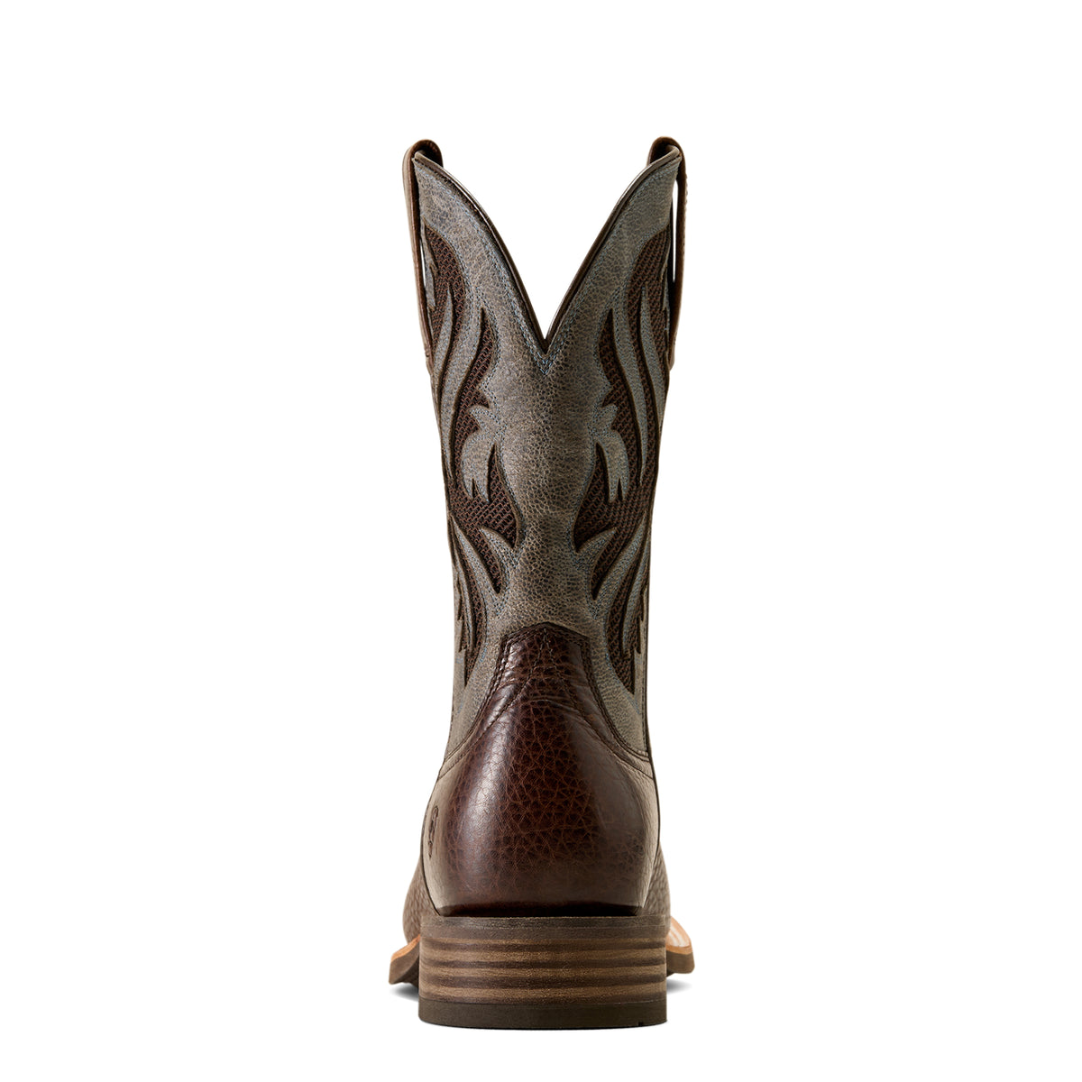 A single western cowboy boot shown from the back, featuring a dark brown textured leather heel and sole, a lighter taupe-brown shaft with dark brown embroidered western stitching, and a square toe.