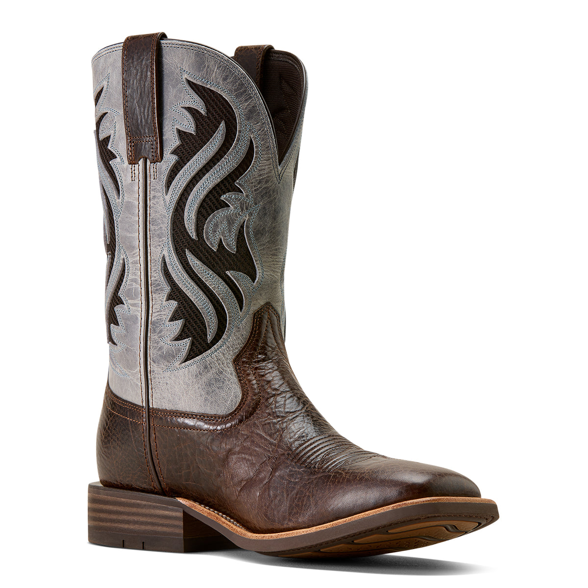 Brown cowboy boot with intricate design on a white background