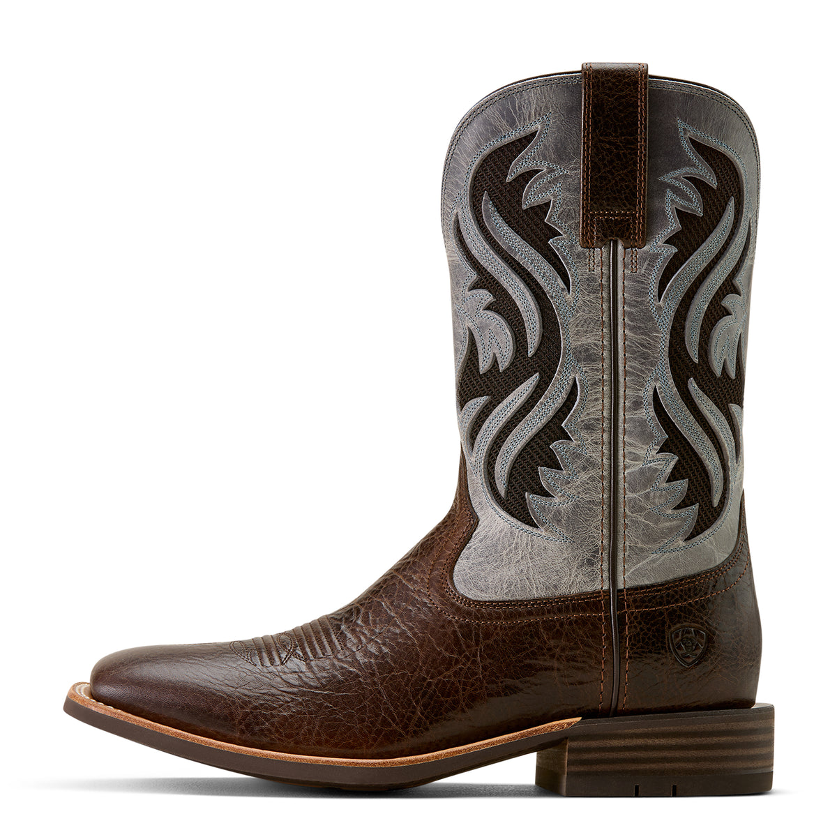 Brown and gray cowboy boot with intricate design on a white background