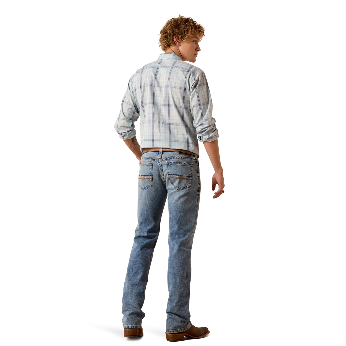A man wearing a light blue and white plaid button-down shirt and light-wash blue jeans, shown from the back against a solid white background.