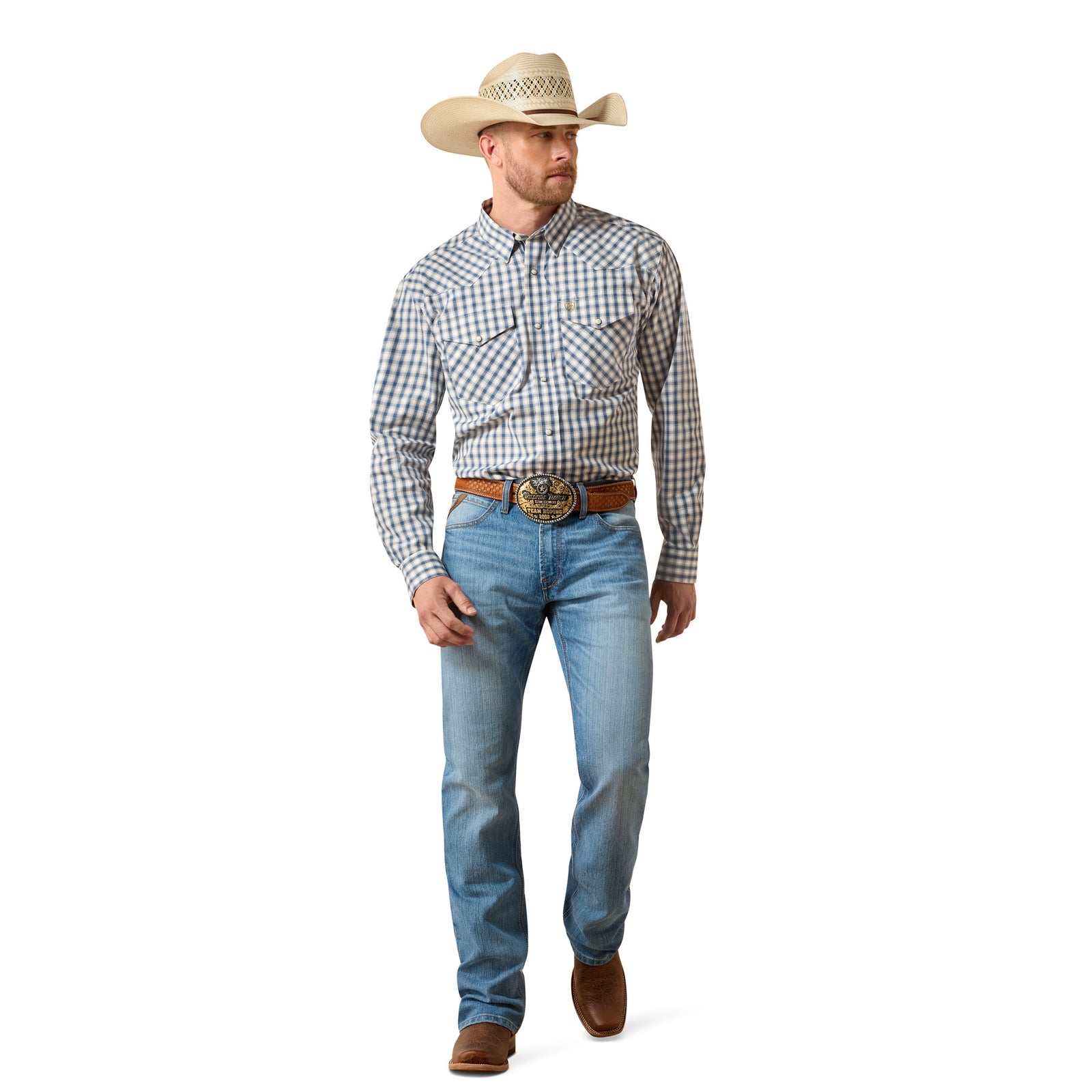 Man wearing a checkered shirt, jeans, and cowboy hat on a white background