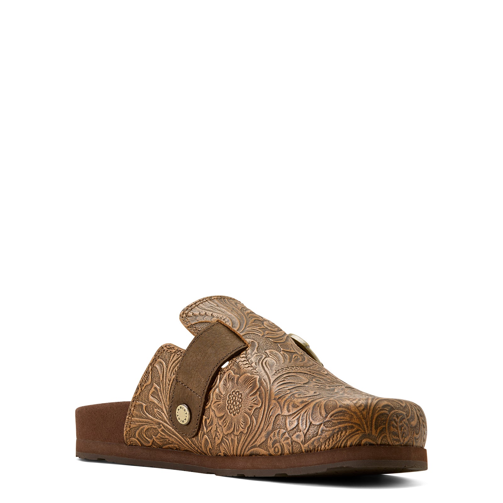 Brown leather sandal with intricate patterns on a white background