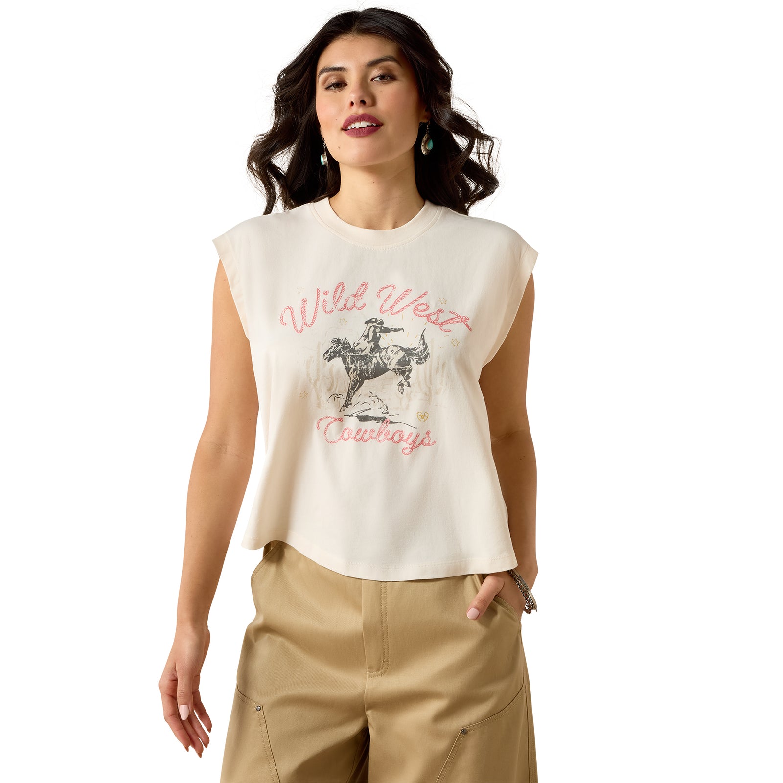 Woman wearing a sleeveless top with 'Wild West Cowboys' graphic design on a white background