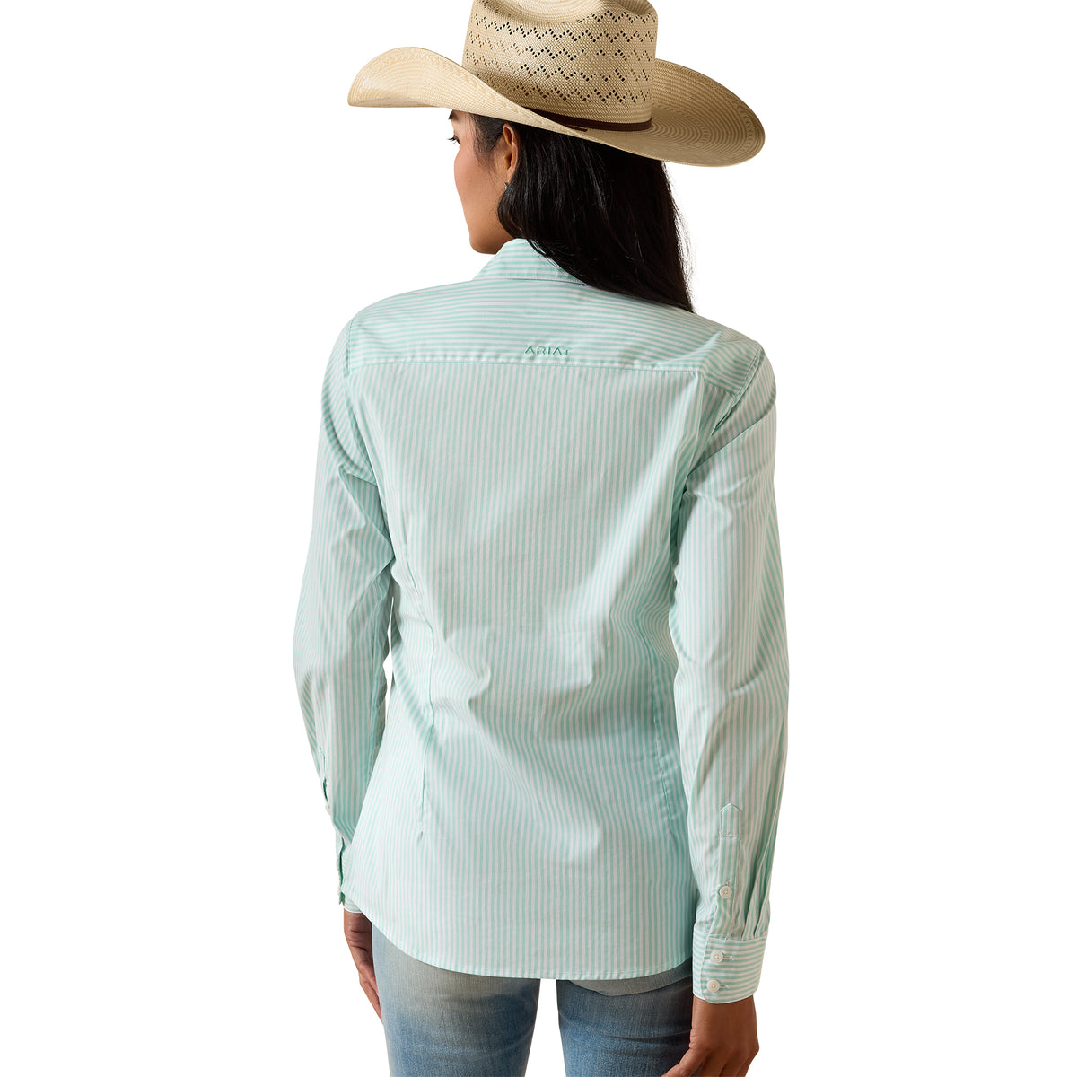 Person wearing a light green striped shirt and a straw hat on a white background