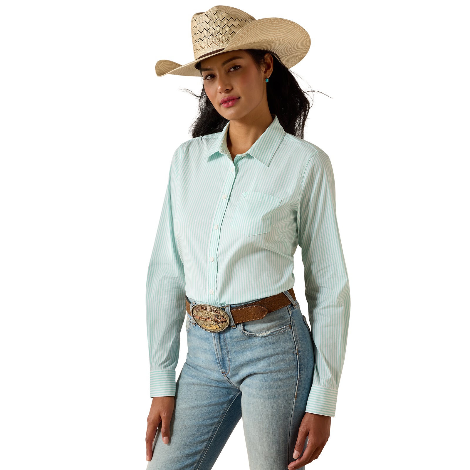 Woman wearing a light blue striped shirt, jeans, and a cowboy hat on a white background
