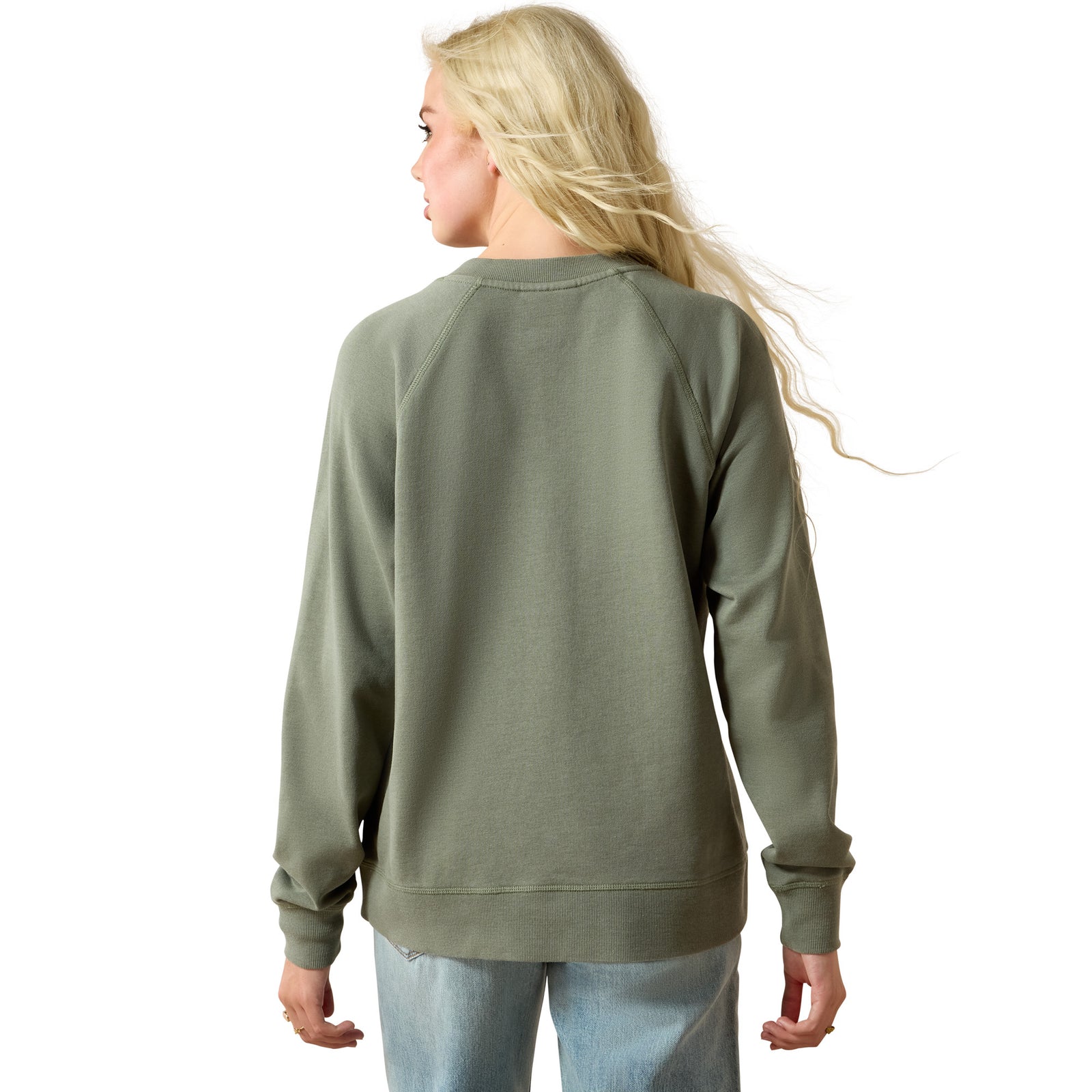 Person wearing a green sweatshirt on a white background