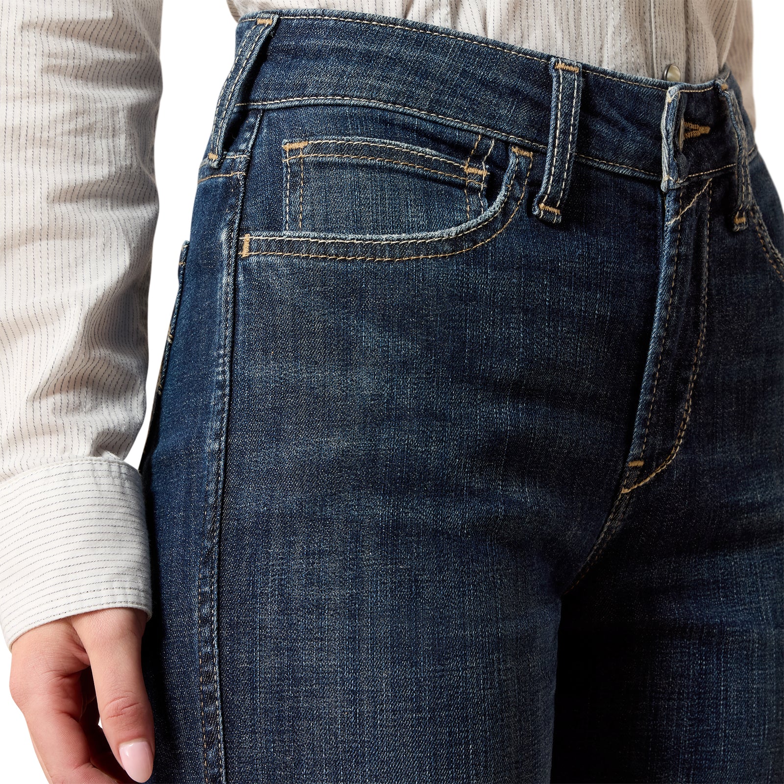 Close-up of blue jeans with a neutral background