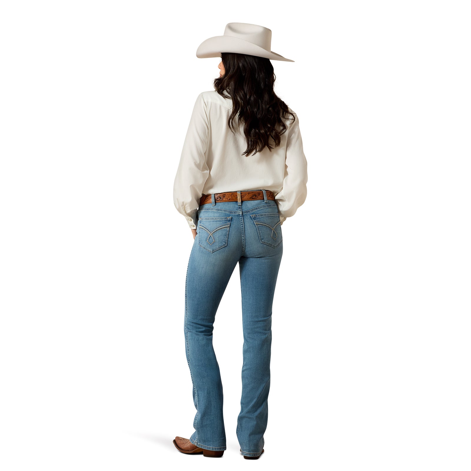 Person wearing blue jeans and a white shirt on a white background