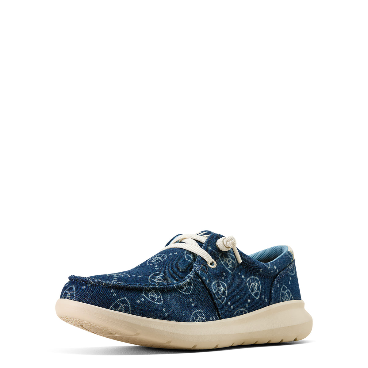 Blue casual shoe with white sole on a white background