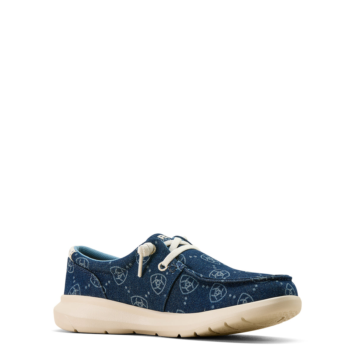 Blue casual shoe with white sole on a white background