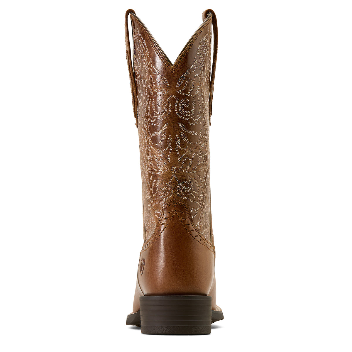Brown cowboy boot with intricate embossing on a white background