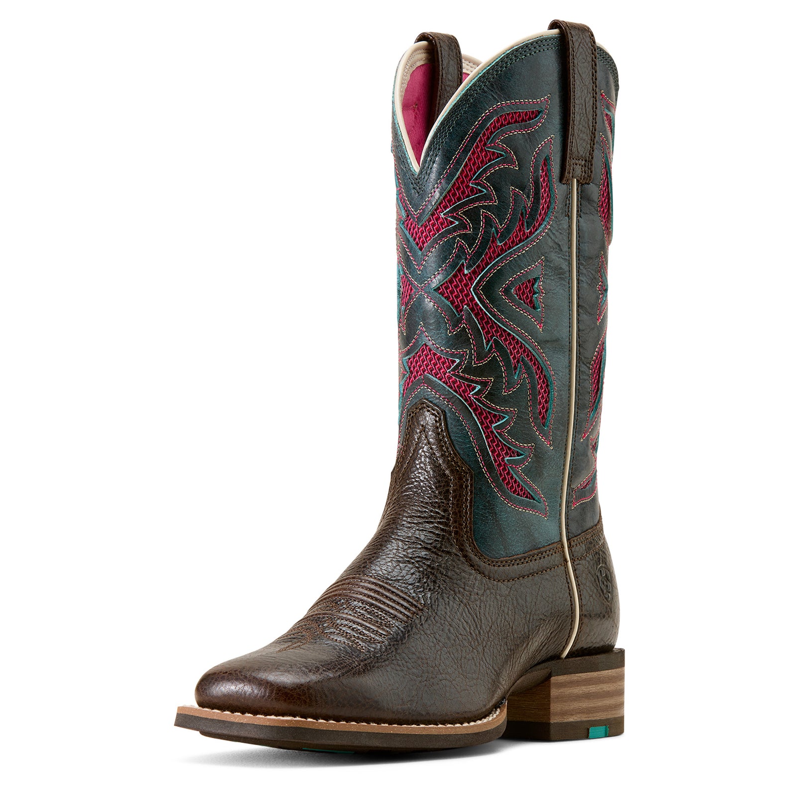 Cowboy boot with intricate red and black stitching on a white background