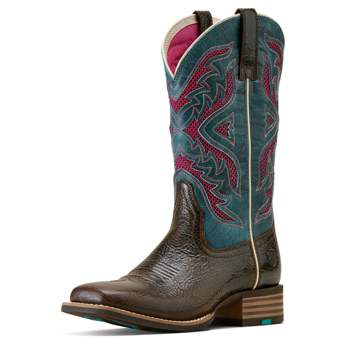 Brown cowboy boot with teal and red pattern on a white background