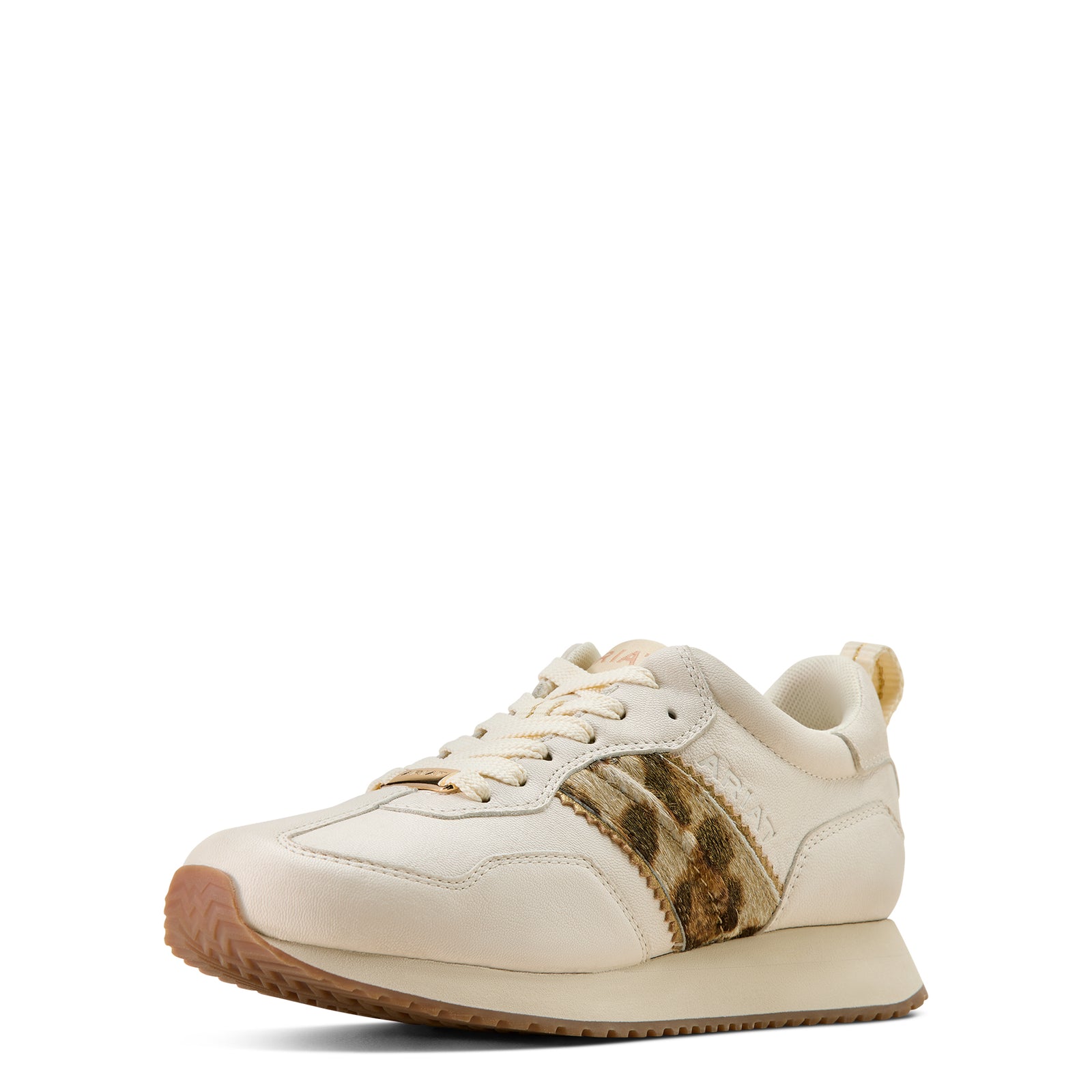 White sneaker with brown accents on a white background