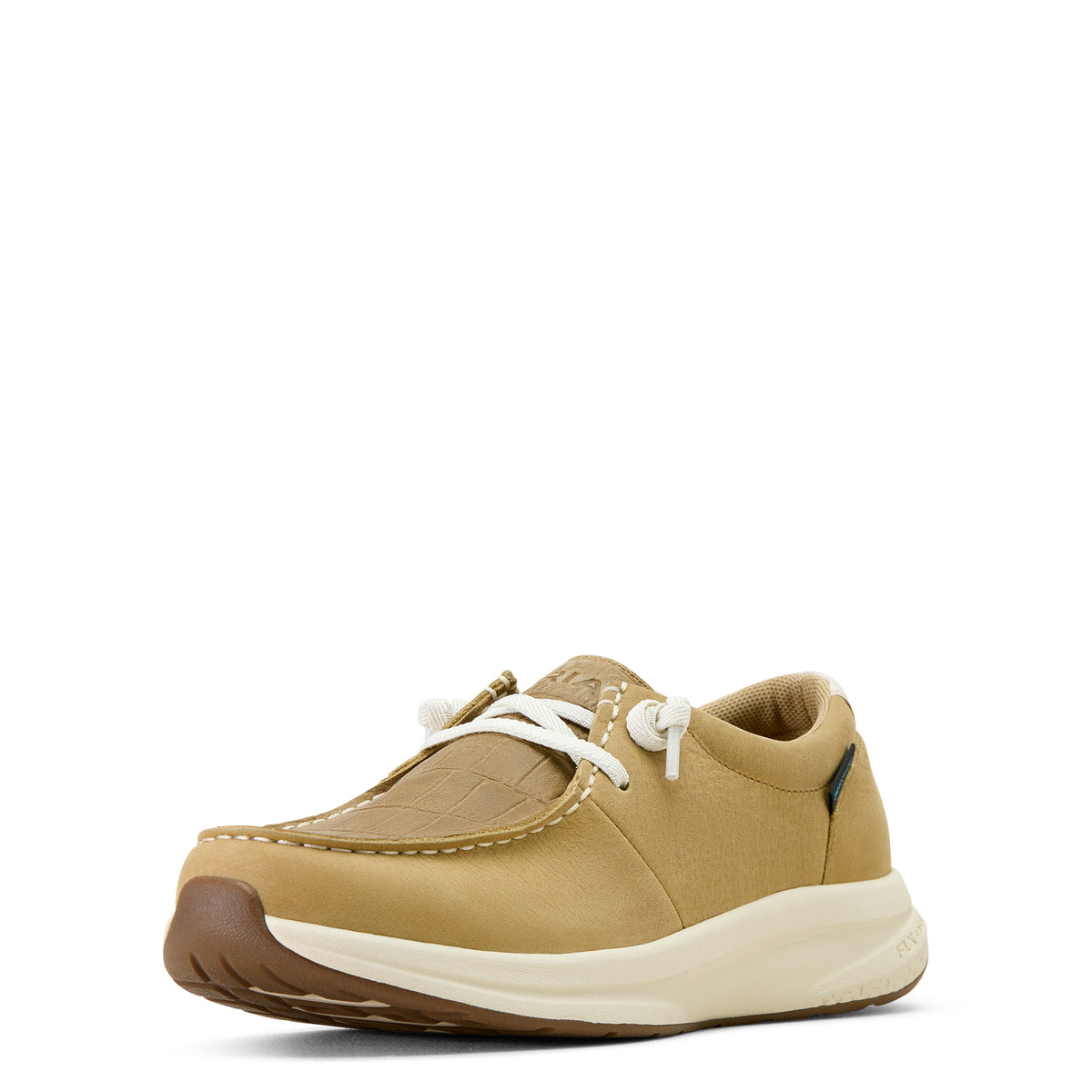 Tan shoe with white sole on a white background