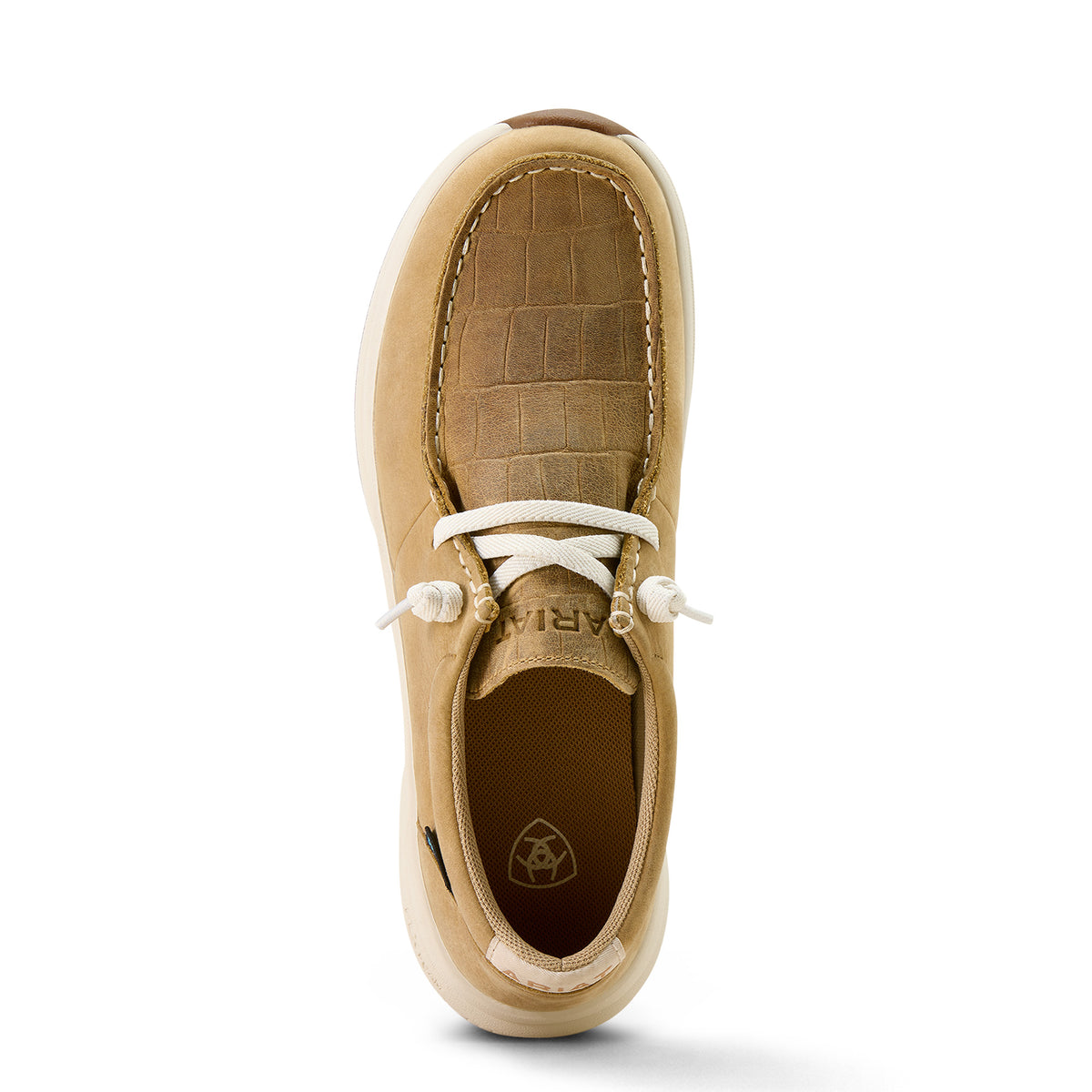 Tan boat shoe with white laces on a white background